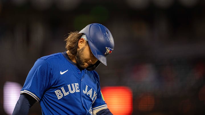 San Francisco, California, USA; Toronto Blue Jays shortstop Bo Bichette (11) reacts after being called out on strikes against the San Francisco Giants during the eighth inning at Oracle Park. San Francisco, California, USA; Toronto Blue Jays shortstop Bo Bichette (11) reacts after being called out on strikes against the San Francisco Giants during the eighth inning at Oracle Park.