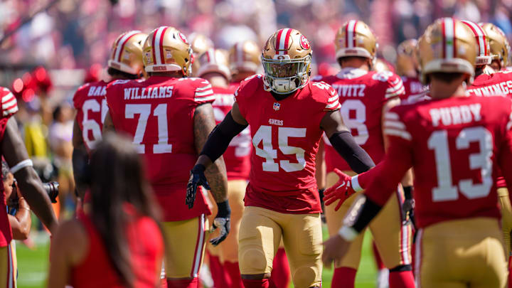 Sep 29, 2024; Santa Clara, California, USA; San Francisco 49ers linebacker Demetrius Flannigan-Fowles (45) is introduced before the start of the game against the New England Patriots at Levi's Stadium. Sep 29, 2024; Santa Clara, California, USA; San Francisco 49ers linebacker Demetrius Flannigan-Fowles (45) is introduced before the start of the game against the New England Patriots at Levi's Stadium.