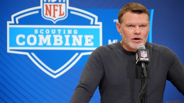 Feb 25, 2025; Indianapolis, IN, USA; Indianapolis Colts general manager Chris Ballard speaks during the NFL Scouting Combine at the Indiana Convention Center. Mandatory Credit: Kirby Lee-Imagn Images