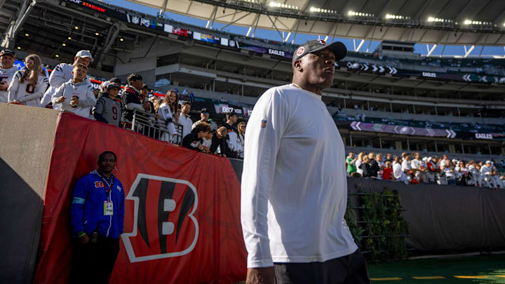 Cincinnati Bengals defensive line coach Marion Hobby walks onto the field before the NFL game against the Philadelphia Eagles at Paycor Stadium in Cincinnati on Sunday, Oct. 27, 2024.