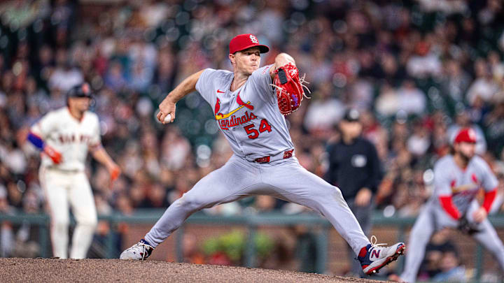 Sep 24, 2025; San Francisco, California, USA; St. Louis Cardinals starting pitcher Sonny Gray (54) strikes out San Francisco Giants first baseman Bryce Eldridge (not pictured) for his two hundredth strike out for the season during the fifth inning at Oracle Park. Mandatory Credit: Neville E. Guard-Imagn Images