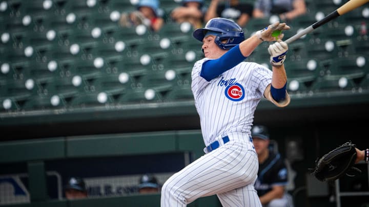 Iowa Cubs center fielder James Triantos swings the bat during a game against Cleveland on Thursday, Aug. 15, 2024, at Principal Park in Des Moines. Iowa Cubs center fielder James Triantos swings the bat during a game against Cleveland on Thursday, Aug. 15, 2024, at Principal Park in Des Moines.