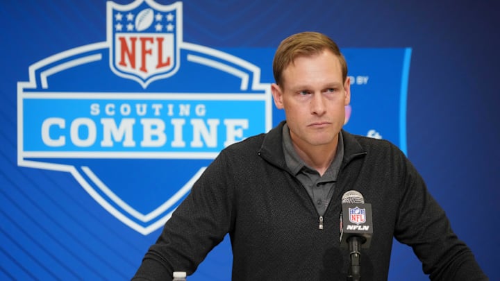 Feb 25, 2025; Indianapolis, IN, USA; Chicago Bears coach Ben Johnson speaks during the NFL Scouting Combine at the Indiana Convention Center. Mandatory Credit: Kirby Lee-Imagn Images