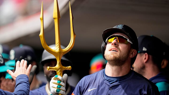 Seattle Mariners outfielder Luke Raley celebrates after hitting a home run against the Cincinnati Reds on April 17 at Great American Ball Park. Seattle Mariners outfielder Luke Raley celebrates after hitting a home run against the Cincinnati Reds on April 17 at Great American Ball Park.