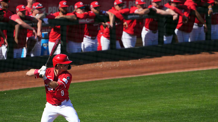 Feb 24, 2025; Goodyear, Arizona, USA; Cincinnati Reds shortstop Matt McLain (9) bats against the Los Angeles Dodgers during the third inning at Goodyear Ballpark. Mandatory Credit: Joe Camporeale-Imagn Images
