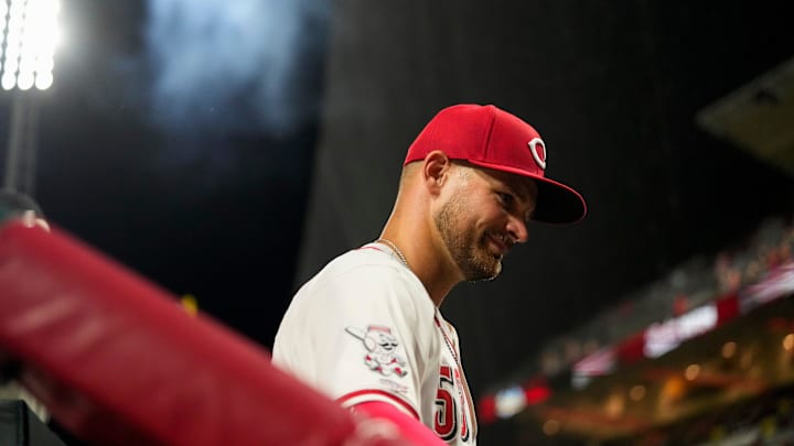Cincinnati Reds right fielder Levi Jordan (53) heads to the clubhouse after his MLB debut in game between the Cincinnati Reds and the Pittsburgh Pirates at Great American Ball Park on Monday, June 24, 2024. The Reds won 11-5.