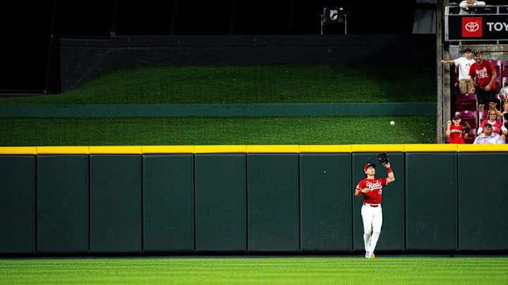 Cincinnati Reds center fielder Stuart Fairchild (17) catches a fly ball in the ninth inning of the MLB game at Great American Ball Park in Cincinnati on Saturday, Aug. 17, 2024.