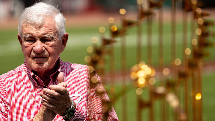 Cincinnati Reds owner Bob Castellini claps during a ceremony honoring the “Big Red Machine” team before the game between Cincinnati Reds and San Diego Padres at Great American Ball Park in Cincinnati on Saturday, June 28, 2025.