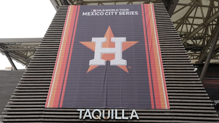 Apr 26, 2024; Mexico City, Mexico; A banner with the Houston Astros logo at Estadio Alfredo Harp Helu. Mandatory Credit: Kirby Lee-Imagn Images
