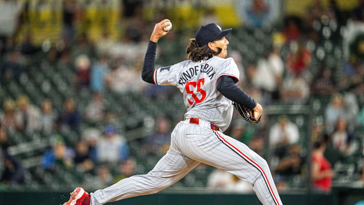 Jun 2, 2025; West Sacramento, California, USA; Minnesota Twins pitcher Kody Funderburk (55) delivers a pitch against the Athletics d9i] at Sutter Health Park.