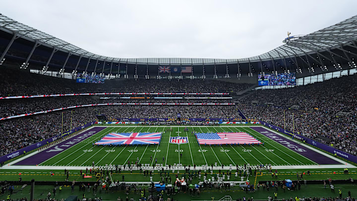 Oct 6, 2024; London, United Kingdom; A general view of the playing of the national anthem with United States and British flags on the field before the 2024 NFL London Game between the New York Jets and the Minnesota Vikings at Tottenham Hotspur Stadium. Oct 6, 2024; London, United Kingdom; A general view of the playing of the national anthem with United States and British flags on the field before the 2024 NFL London Game between the New York Jets and the Minnesota Vikings at Tottenham Hotspur Stadium.