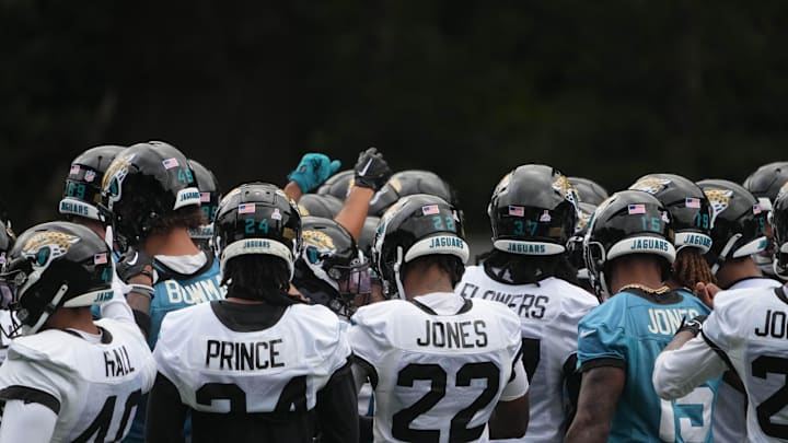 Oct 16, 2024; Watford, United Kingdom; Jacksonville Jaguars players huddle during practice at The Grove. Mandatory Credit: Kirby Lee-Imagn Images