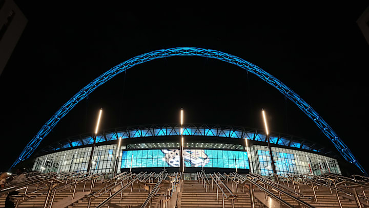 Oct 20, 2024; London, United Kingdom; A general overall view of the Jacksonville Jaguars logo projected on the Wembley Stadium facade. Mandatory Credit: Kirby Lee-Imagn Images