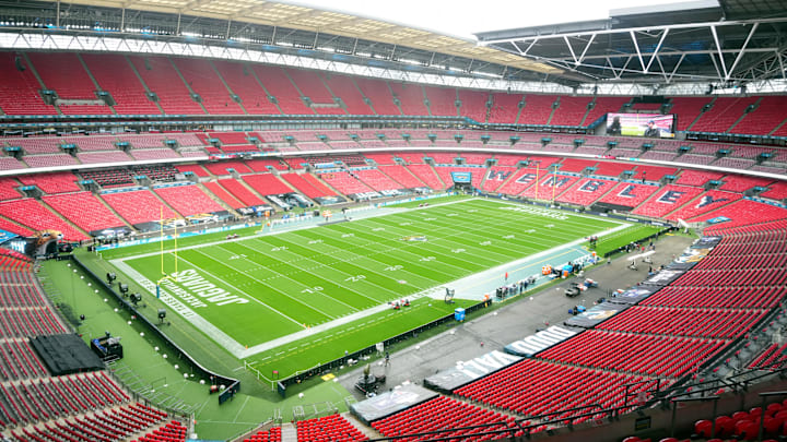 Oct 20, 2024; London, United Kingdom; A general overall view of Wembley Stadium, the site of an NFL International Series game between the New England Patriots and the Jacksonville Jaguars. Mandatory Credit: Kirby Lee-Imagn Images