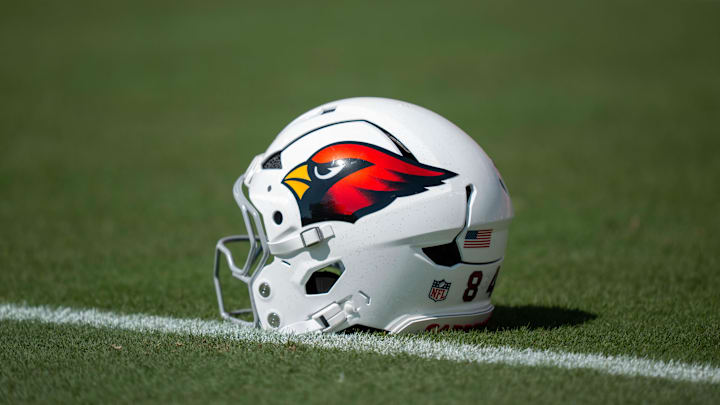 September 21, 2025; Santa Clara, California, USA; Detail view of an Arizona Cardinals helmet for tight end Elijah Higgins (84) before the game against the San Francisco 49ers at Levi's Stadium. Mandatory Credit: Kyle Terada-Imagn Images