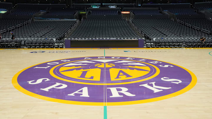 Jul 7, 2024; Los Angeles, California, USA: The LA Sparks logo at midcourt at Crypto.com Arena. Mandatory Credit: Kirby Lee-Imagn Images