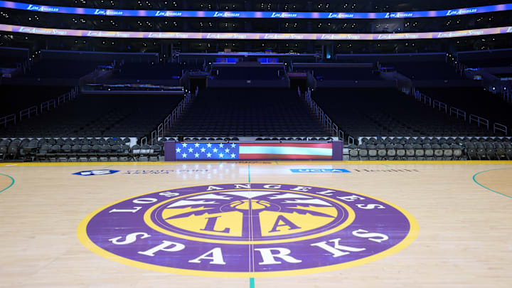 Aug 31, 2025; Los Angeles, California, USA; The LA Sparks logo at midcourt at Crypto.com Arena. Mandatory Credit: Kirby Lee-Imagn Images