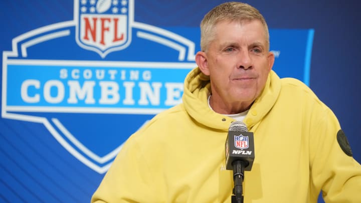 Feb 25, 2025; Indianapolis, IN, USA; Denver Broncos coach Sean Payton speaks during the NFL Scouting Combine at the Indiana Convention Center. Mandatory Credit: Kirby Lee-Imagn Images