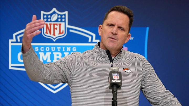 Feb 25, 2025; Indianapolis, IN, USA; Denver Broncos general manager George Paton speaks during the NFL Scouting Combine at the Indiana Convention Center. Feb 25, 2025; Indianapolis, IN, USA; Denver Broncos general manager George Paton speaks during the NFL Scouting Combine at the Indiana Convention Center.