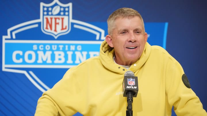 Feb 25, 2025; Indianapolis, IN, USA; Denver Broncos head coach Sean Payton speaks during the NFL Scouting Combine at the Indiana Convention Center. Feb 25, 2025; Indianapolis, IN, USA; Denver Broncos head coach Sean Payton speaks during the NFL Scouting Combine at the Indiana Convention Center.