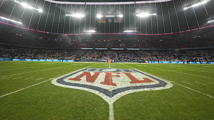 Nov 10, 2024; Munich, Germany; The NFL shield logo at midfield during the 2024 NFL Munich Game at Allianz Arena. Mandatory Credit: Kirby Lee-Imagn Images