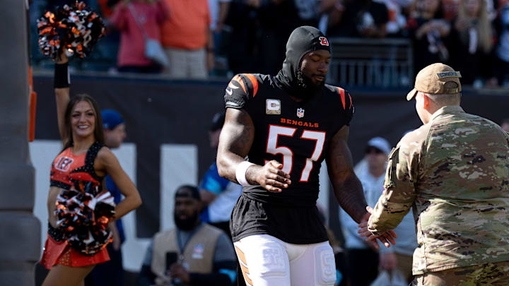 Cincinnati Bengals linebacker Germaine Pratt (57) enters the field before the NFL game between the Cincinnati Bengals and the Las Vegas Raiders at Paycor Stadium in Cincinnati on Sunday, Nov. 3, 2024. Cincinnati Bengals linebacker Germaine Pratt (57) enters the field before the NFL game between the Cincinnati Bengals and the Las Vegas Raiders at Paycor Stadium in Cincinnati on Sunday, Nov. 3, 2024.