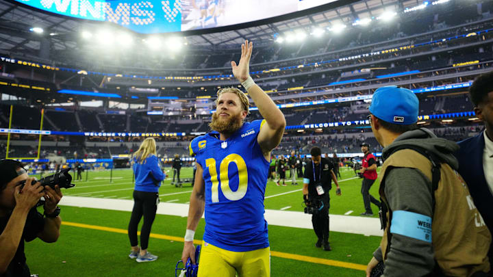 Dec 8, 2024; Inglewood, California, USA; Los Angeles Rams wide receiver Cooper Kupp (10) reacts after the game against the Buffalo Bills at SoFi Stadium. Mandatory Credit: Kirby Lee-Imagn Images Dec 8, 2024; Inglewood, California, USA; Los Angeles Rams wide receiver Cooper Kupp (10) reacts after the game against the Buffalo Bills at SoFi Stadium. Mandatory Credit: Kirby Lee-Imagn Images