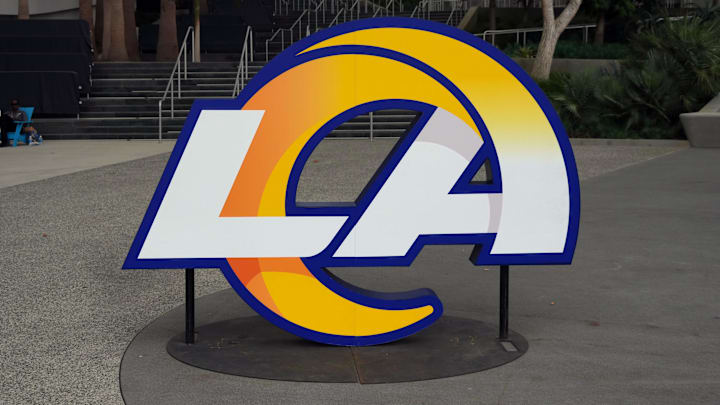 Aug 16, 2025; Inglewood, California, USA; The Los Angeles Rams logo at SoFi Stadium. Mandatory Credit: Kirby Lee-Imagn Images