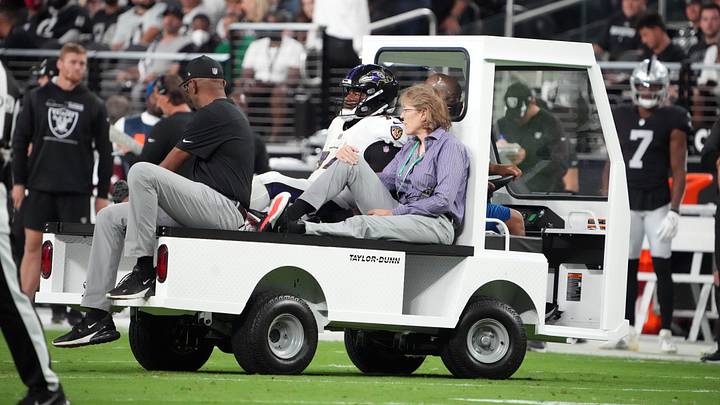 Sep 13, 2021; Paradise, Nevada, USA; Baltimore Ravens offensive guard Tyre Phillips (74) is taken to the locker room after suffering an apparent injury during the first half at Allegiant Stadium. Mandatory Credit: Kirby Lee-Imagn Images