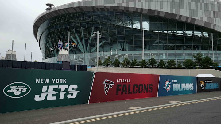 Oct 7, 2021; London, England, United Kingdom; A general overall view of the New York Jets, Atlanta Falcons, Miami Dolphins and the Jacksonville Jaguars logos at Tottenham Hotspur Stadium. Mandatory Credit: Kirby Lee-Imagn Images
