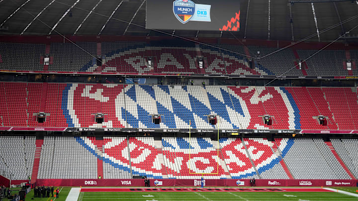 Nov 13, 2022; Munich, Germany; The FC Bayern logo in the seats. Nov 13, 2022; Munich, Germany; The FC Bayern logo in the seats.
