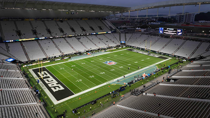 The NFL logo sits in an empty stadium before the league's inaugural game in Sao Paulo.