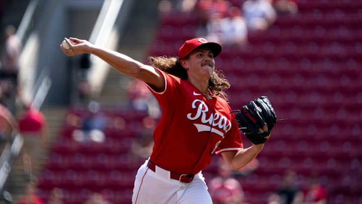 Cincinnati Reds starting pitcher Rhett Lowder delivers the pitch in the fourth inning of the MLB game between the Cincinnati Reds and Houston Astros at Great American Ball Park in Cincinnati on Sept. 4, 2024. Cincinnati Reds starting pitcher Rhett Lowder delivers the pitch in the fourth inning of the MLB game between the Cincinnati Reds and Houston Astros at Great American Ball Park in Cincinnati on Sept. 4, 2024.