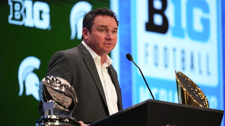 Jul 24, 2025; Las Vegas, NV, USA; Michigan State head coach Jonathan Smith speaks to the media during the Big Ten NCAA college football media days at Mandalay Bay Resort. Mandatory Credit: Lucas Peltier-Imagn Images