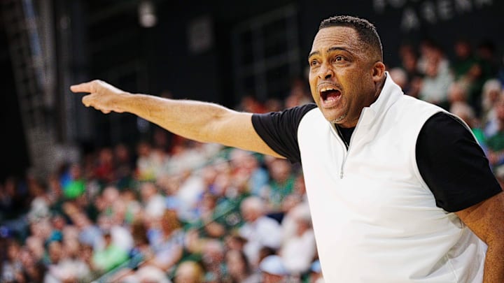 Jan 17, 2023; New Orleans, Louisiana, USA; Tulane Green Wave head coach Ron Hunter reacts to a call during the first half against the Houston Cougars at Avron B. Fogelman Arena in Devlin Fieldhouse.