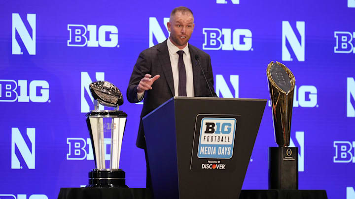 Jul 23, 2025; Las Vegas, NV, USA; Northwestern head coach David Braun speaks to the media during the Big Ten NCAA college football media days at Mandalay Bay Resort. Mandatory Credit: Lucas Peltier-Imagn Images