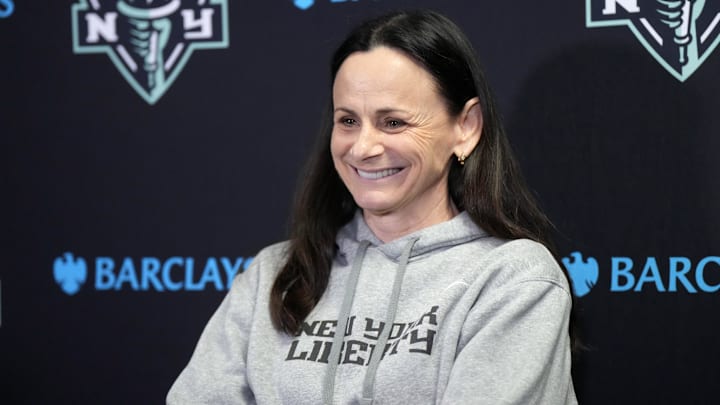 Aug 28, 2024; Los Angeles, California, USA; New York Liberty coach Sandy Brondello at a press conference at Crypto.com Arena. Mandatory Credit: Kirby Lee-Imagn Images