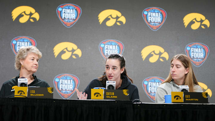 Iowa Hawkeyes head coach Lisa Bluder, guard Caitlin Clark, and guard Kate Martin take questions before the Final Four round of the NCAA Women's Basketball Tournament, Thursday, April 4, 2024 in Cleveland.