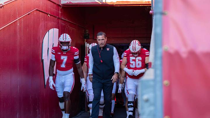 Oct 11, 2025; Madison, Wisconsin, USA; Wisconsin Badgers head coach Luke Fickell leads the Wisconsin Badgers out of the locker room before a game against the Iowa Hawkeyes at Camp Randall Stadium. Mandatory Credit: Ross Harried-Imagn Images