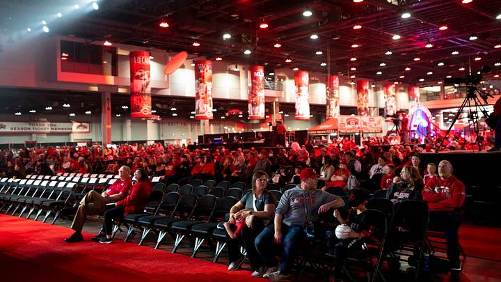 Cincinnati Reds fans wait for player introductions during the Cincinnati Reds Redsfest Cincinnati Reds fans wait for player introductions during the Cincinnati Reds Redsfest