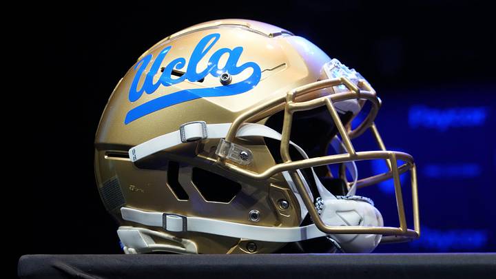 Jul 29, 2022; Los Angeles, CA, USA; A detailed view of UCLA Bruins helmet during Pac-12 Media Day at Novo Theater. Mandatory Credit: Kirby Lee-USA TODAY Sports Jul 29, 2022; Los Angeles, CA, USA; A detailed view of UCLA Bruins helmet during Pac-12 Media Day at Novo Theater. Mandatory Credit: Kirby Lee-USA TODAY Sports