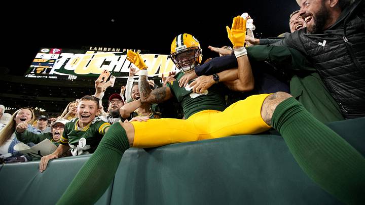 Green Bay Packers wide receiver Christian Watson (9) celebrates with fans after a touchdown during the first quarter against the Atlanta Falcons at Lambeau Field. Mandatory Credit: Jeff Hanisch-Imagn Images TPX IMAGES OF THE DAY Green Bay Packers wide receiver Christian Watson (9) celebrates with fans after a touchdown during the first quarter against the Atlanta Falcons at Lambeau Field. Mandatory Credit: Jeff Hanisch-Imagn Images TPX IMAGES OF THE DAY