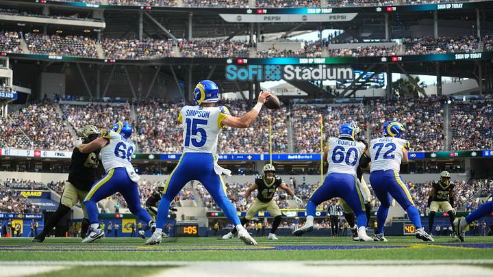Aug 22, 2026; Inglewood, California, USA; A general overall view as Los Angeles Rams quarterback Ty Simpson (15) throws the ball against the New Orleans Saints in the second half at SoFi Stadium. Mandatory Credit: Kirby Lee-Imagn Images Aug 22, 2026; Inglewood, California, USA; A general overall view as Los Angeles Rams quarterback Ty Simpson (15) throws the ball against the New Orleans Saints in the second half at SoFi Stadium. Mandatory Credit: Kirby Lee-Imagn Images