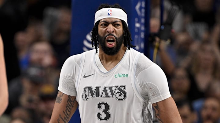 Feb 8, 2025; Dallas, Texas, USA; Dallas Mavericks forward Anthony Davis (3) celebrates after he dunks the ball during the second quarter against the Houston Rockets at American Airlines Center. Mandatory Credit: Jerome Miron-Imagn Images