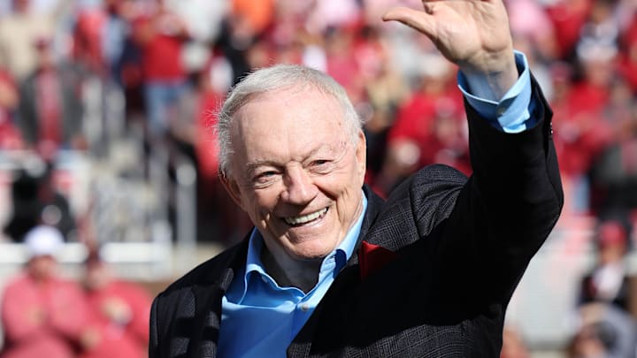 Is Dallas owner Jerry Jones waving to potential Cowboy draftee, running back Ashton Jeanty?