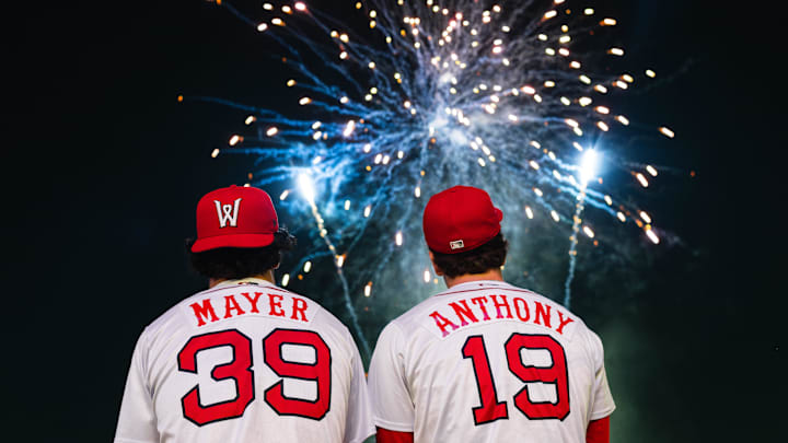Worcester Red Sox players Marcelo Mayer and Roman Anthony watch fireworks following a Triple-A game on May 2, 2025 at Polar Park. Worcester Red Sox players Marcelo Mayer and Roman Anthony watch fireworks following a Triple-A game on May 2, 2025 at Polar Park.