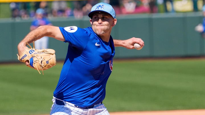 Mar 8, 2025; Mesa, Arizona, USA; Chicago Cubs pitcher Matthew Boyd (16) on the mound warming up for the first inning of a spring training game against the Seattle Mariners at Sloan Park. Mar 8, 2025; Mesa, Arizona, USA; Chicago Cubs pitcher Matthew Boyd (16) on the mound warming up for the first inning of a spring training game against the Seattle Mariners at Sloan Park.