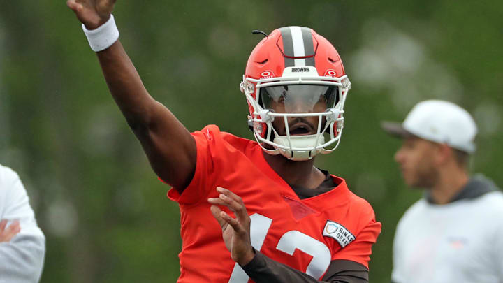 Cleveland Browns quarterback Shedeur Sanders (12) participates in position drills during an NFL practice at the Cleveland Browns training facility on Wednesday, May 28, 2025, in Berea, Ohio.