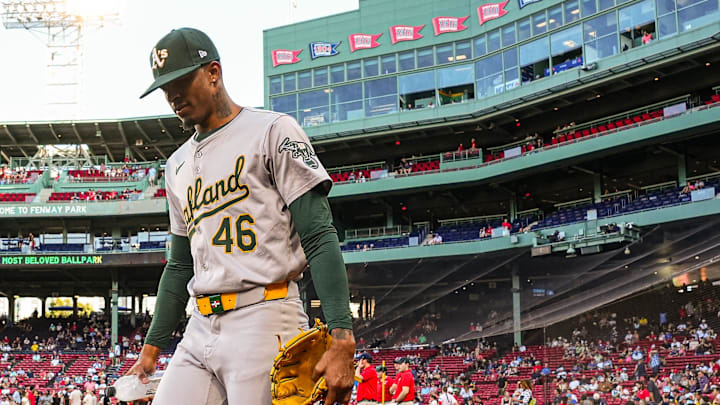 Jul 11, 2024; Boston, Massachusetts, USA; Oakland Athletics starting pitcher Luis Medina (46) heads to the bullpen before the start of the game against the Boston Red Sox at Fenway Park. Mandatory Credit: David Butler II-Imagn Images