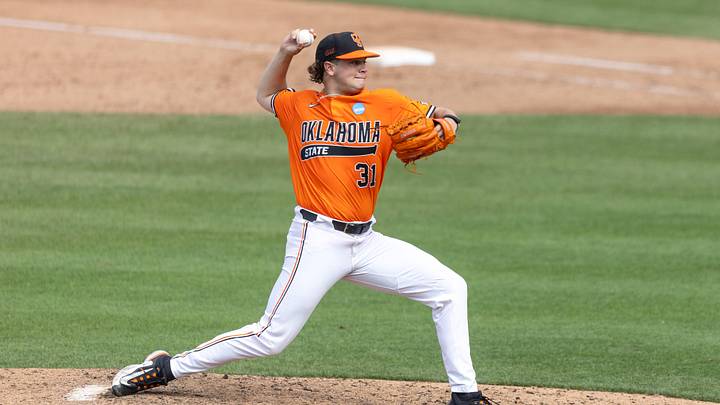 Jun 3, 2024; Stillwater, OK, USA; Oklahoma State pitcher Robert Cranz (31) pitches the ball during a NCAA regional baseball game against Florida at O'Brate Stadium. Mandatory Credit: Mitch Alcala-The Oklahoman